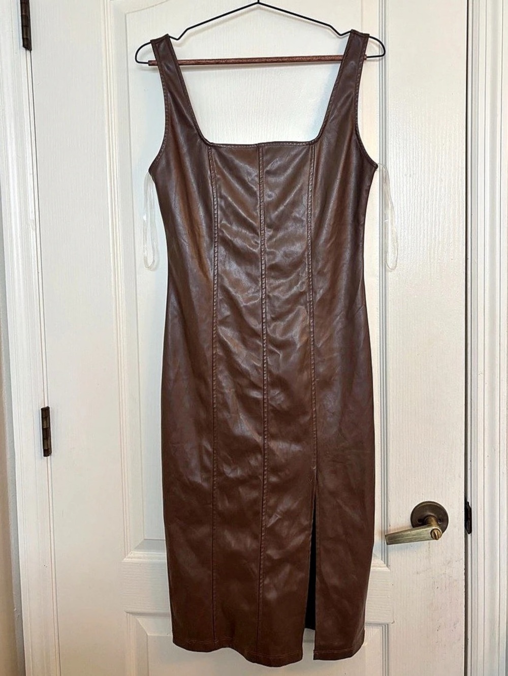 Haley & June Chocolate Brown Faux Leather Midi Dress - Large FLAW read & pics